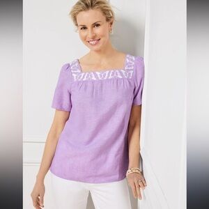 NWT TALBOTS  BUTTERFLY EMBROIDERED LINEN COTTON SQUARE NECK TOP - CROSS DYE